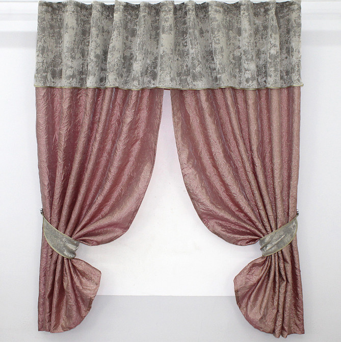 Кухонные шторы VR-Textil № 073к с ламбрекеном и подхватами розово-золотистый с бежевым 275х170 см (52-0380) Киев - изображение 1