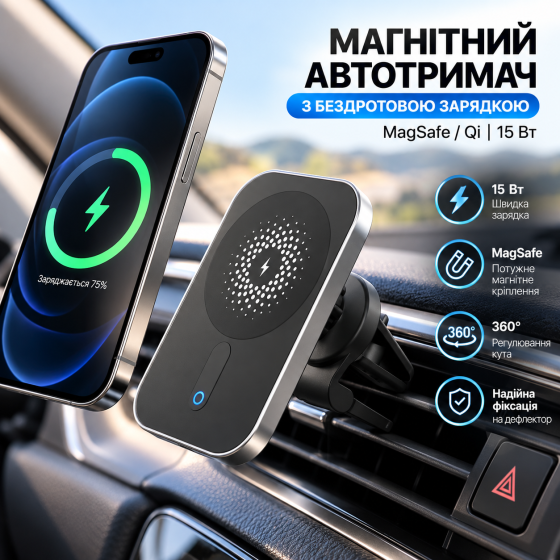 Магнітний автотримач із бездротовою зарядкою MagSafe/Qi 15 Вт, алюміній + ABS, для iPhone та смартфонів Київ