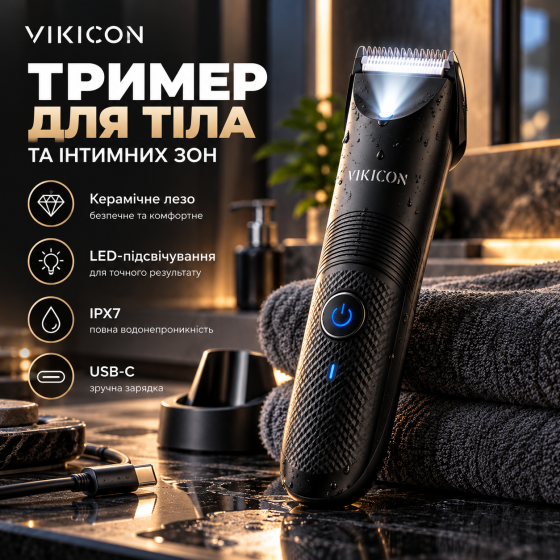 Тример для тіла та інтимних зон VIKICON HT-871, керамічне лезо, LED-підсвічування, IPX7, USB-C, чорний Київ