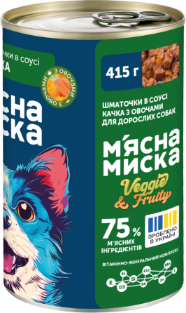 Влажный корм в банке для взрослых собак Мясная миска кусочки в соусе с уткой и овощами, 415 г Винница