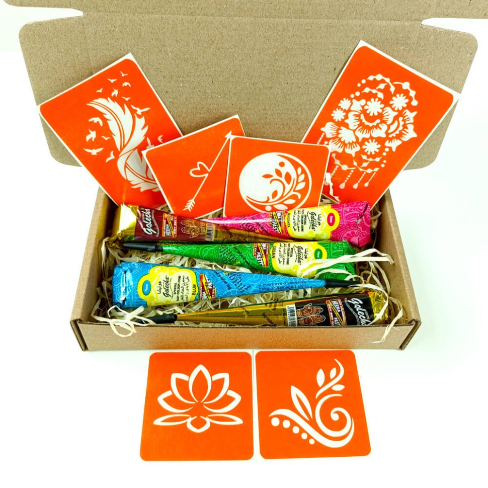 Набір кольорової хни з трафаретами для біо-тату №3 v2 color-henna-set-03 v2 Вінниця - фото 1