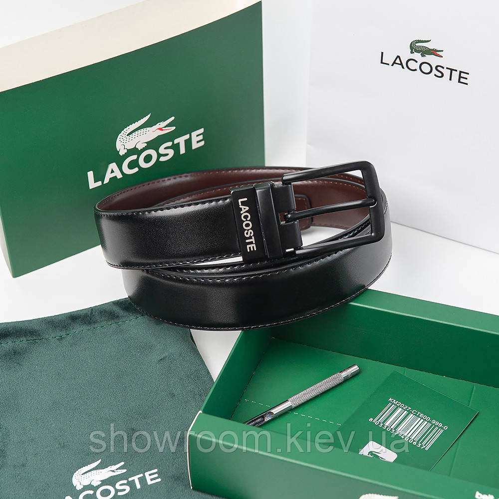 Чоловічий шкіряний двосторонній ремінь із чорною пряжкою Lacoste (984) Київ - фото 6