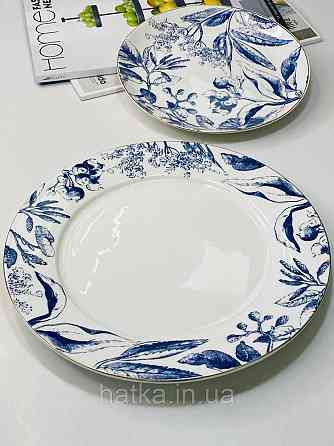Тарілка порцеляна Olens "Братислава" 25 см кругла біла із синім золотим обідком кругла для дому та ресторану Київ