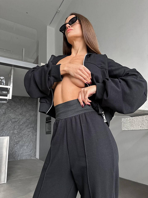 Жіночий прогулянковий костюм-двійка: кофта на блискавці та штани турецька петля + рибана Чорний, 46/48 Одеса - фото 2