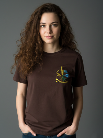 Жіноча коричнева вишита футболка вишиванка з ніжною вишивкою колодки-волошки 3XL Київ