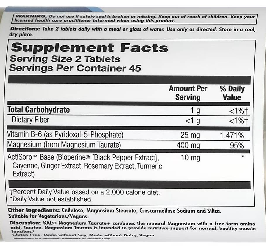 Таурат магния (Magnesium Taurate+) KAL, 400 мг 90 таблеток Київ - фото 4