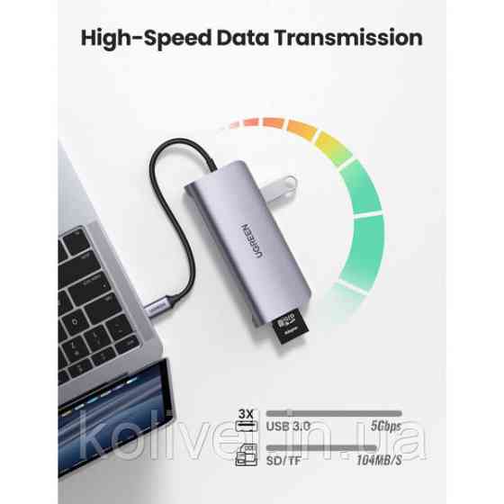 Док-станція USB3.0 Type-C --> USB 3.0x3/HDMI/VGA/RJ45/SD&TF/PD Ugreen CM179 Сіра (40873) Киев
