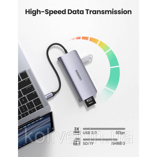 Док-станція USB3.0 Type-C --> USB 3.0x3/HDMI/VGA/RJ45/SD&TF/PD Ugreen CM179 Сіра (40873) Київ - фото 4