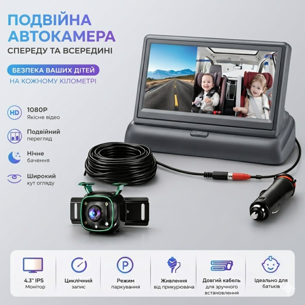 Дитяча автокамера-монітор VONLUXE 4.3" HD з нічним баченням, огляд 160°, поворот 360°, магнітне кріплення, 12V, Black Київ - фото 11