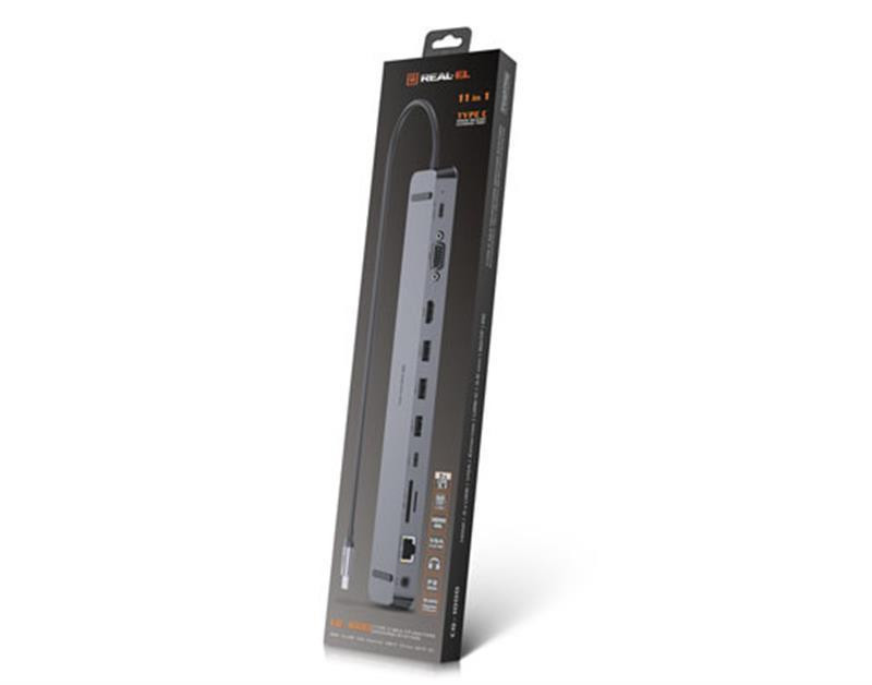 Концентратор REAL-EL CQ-1000 USB3.0х3/USB-C/HDMI/VGA/RJ45/SD/TF/3.5mm audio, 0.4m, Space Grey Сірий Харків - фото 5