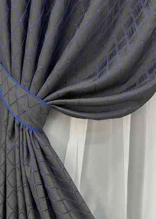 Комплект готових штор VR-Textil Жакард RUBI № 1756ш Графітовий з синім 100х300 см 2 шт (31-814) Київ