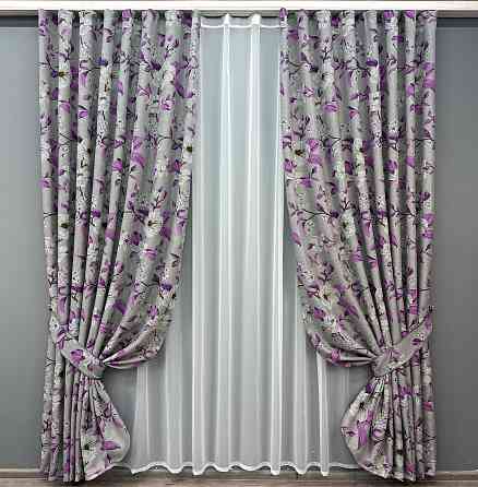 Комплект готових штор VR-Textil Льон з квітковим принтом "Прованс" № 1820 Сірий з фіолетовим 200х265 см 2 шт (32-141) Київ
