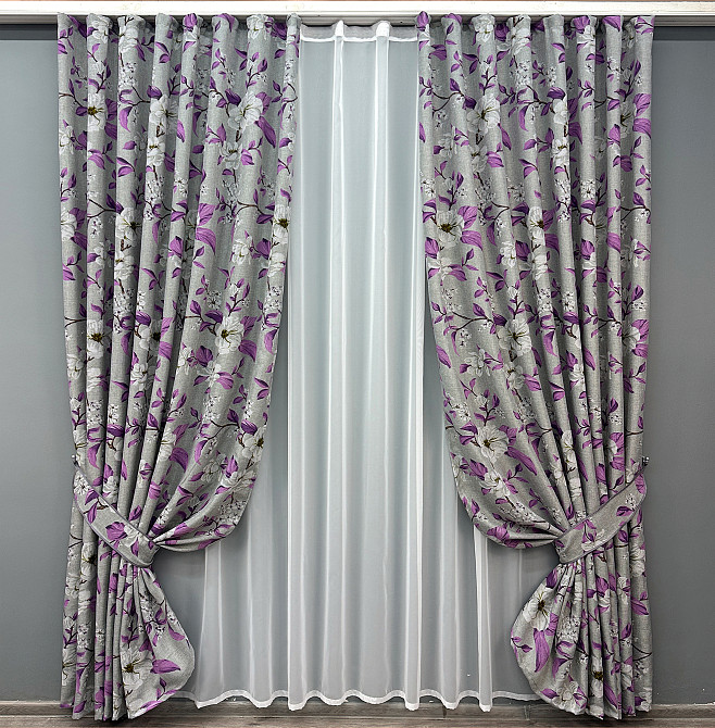 Комплект готовых штор VR-Textil Лен с цветочным принтом «Прованс» № 1820 Серый с фиолетовым 200х265 см 2 шт (32-141) Киев - изображение 2