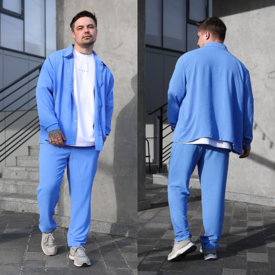 Мужской летний костюм Casual рубашка и штаны Оверсайз жатка весна лето SANE голубой Одесса