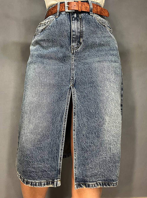 Юбка женская джинсовая ZJY 67001 прямой крой длина ниже колена разрез спереди стрейчевая коричневый ремень синяя, синий, 33, 33, 88 см, 112 см Киев - изображение 7