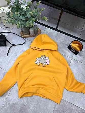 Женское уютное теплое худи оверсайз с милым принтом трехнитка Тедди + трехнитка с начесом пенье Желтый Одесса