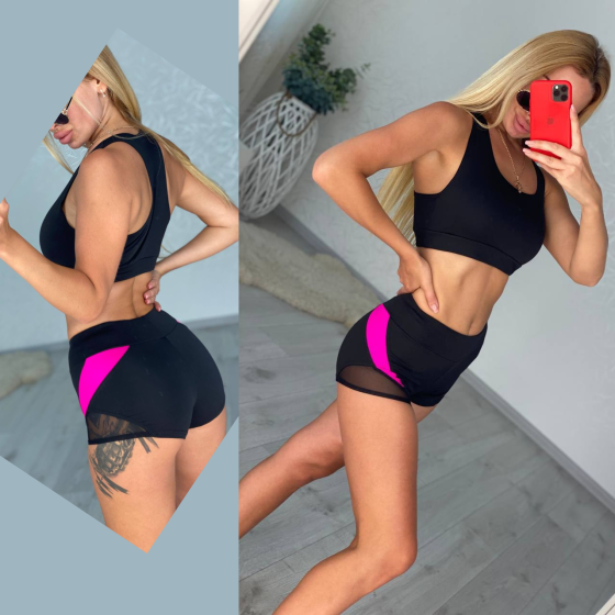 Жіночий костюм комплект пол денс одяг шорти з футболкою топ для pole dance чорний з сіткою та рожевою вставкою Одеса