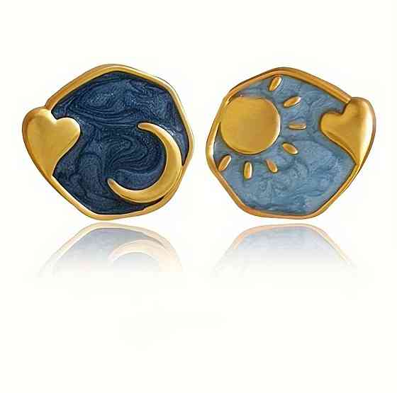 Серьги пусеты солнце и луна эмаль синие золотистые серьги гвоздики Киев