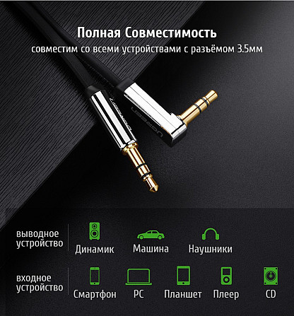 Аудіо кабель AUX 3.5 mm jack Ugreen з кутовим L-подібним штекером AV119 10598 (Чорний з сріблястим, 1.5м) Николаев - изображение 7