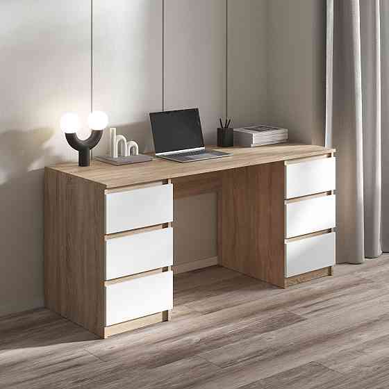 Комп’ютерний стіл VAYS R-2 Дуб Сонома-Білий фасад, письмовий з 2 тумбами, 6 шухляд без ручок, ЛДСП 160×60×75 см – для дому, офісу, навчання Львів