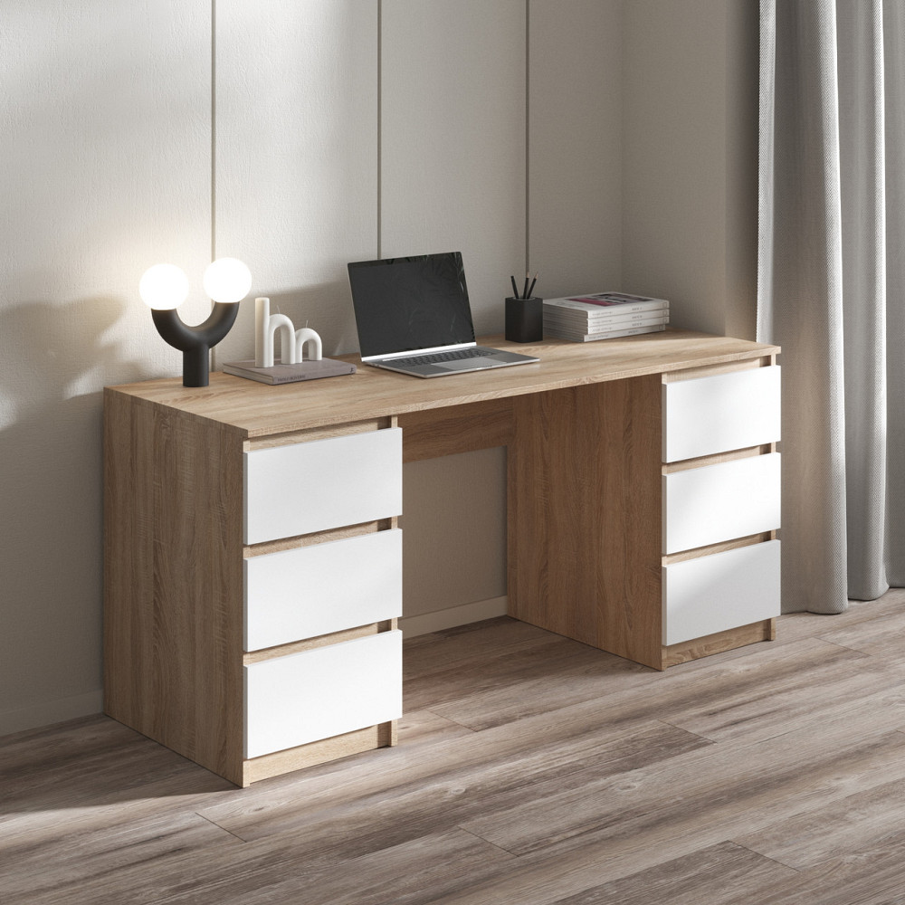 Компьютерный стол VAYS R-2 Дуб Сонома-Белый фасад, письменный с 2 тумбами, 6 ящиков без ручек, ЛДСП 160×60×75 см – для дома, офиса, учебы Львов - изображение 1