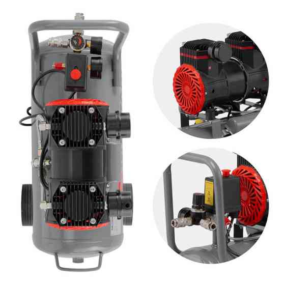 Компресор, 24 л, 1,5 кВт, 230 В, 8 атм, 250 л/хв, 2800 об/хв,  безмасляний, 2 циліндри, 68 дБ INTERTOOL PT-0033 Київ