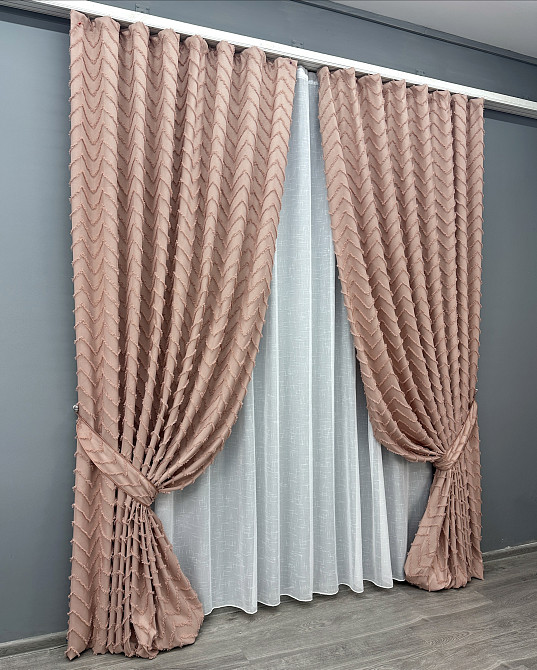 Комплект штор VR-Textil Лен Букле 200х270 2шт и Тюль 600х270 1811ш-115т Пудровый с белым 71-046/7 Киев - изображение 2