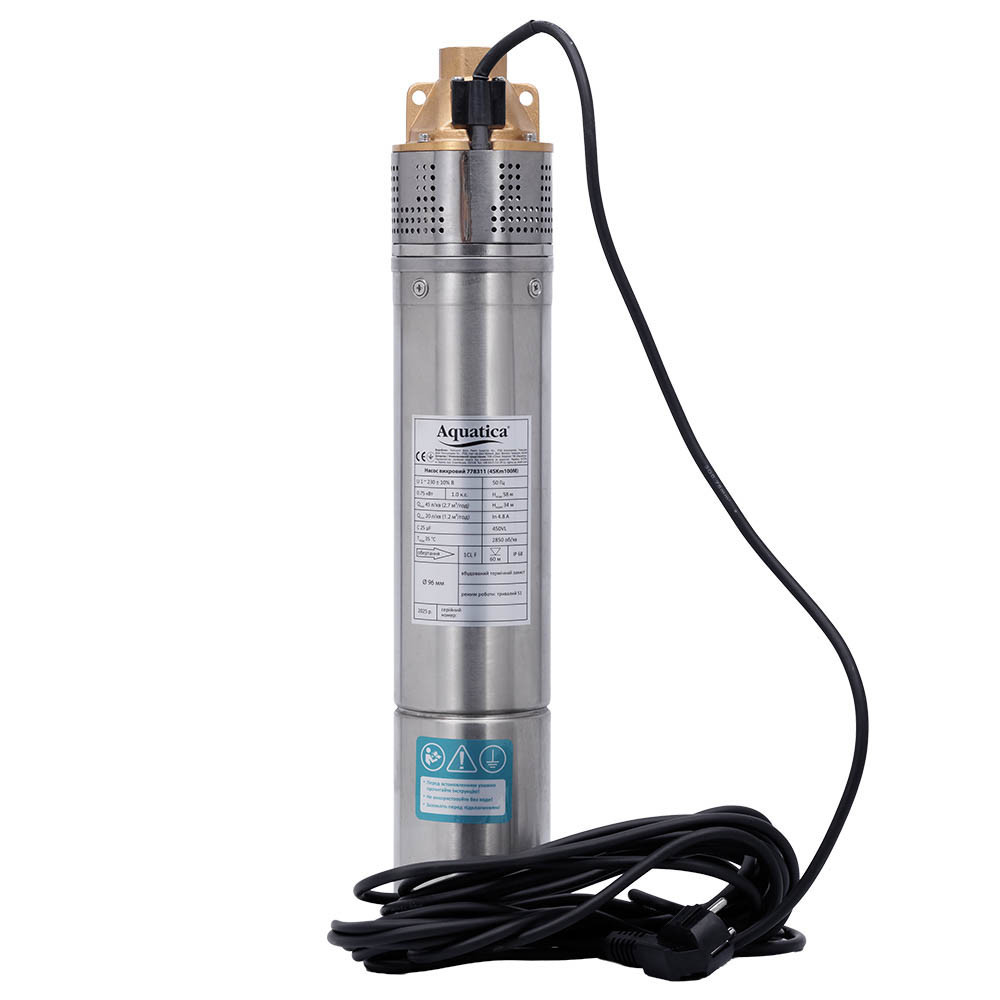 Насос вихровий 0.75кВт H 58 (34)м Q 45(20)л/хв Ø96мм 10м кабелю AQUATICA 4SKm100M (778311) Рівне - фото 2