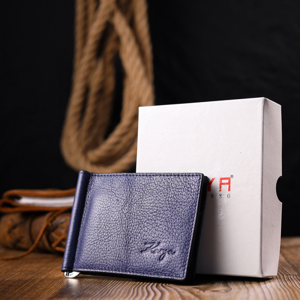 Отличный мужской зажим из зернистой кожи KARYA 21057 Синий Киев - изображение 1