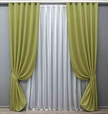 Комплект готовых штор VR-Textil Лен Мешковина № 106ш Оливковый 150х270см 2 шт (30-021) Киев