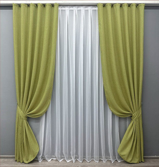 Комплект готовых штор VR-Textil Лен Мешковина № 106ш Оливковый 150х270см 2 шт (30-021) Киев - изображение 2