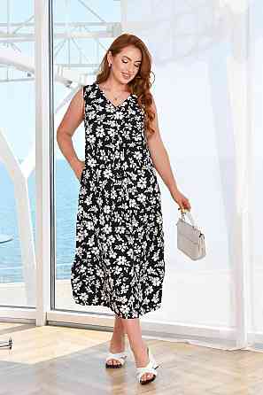 Женское легкое принтованное платье батал жатый лен Черно-белый, 48/50 Одесса