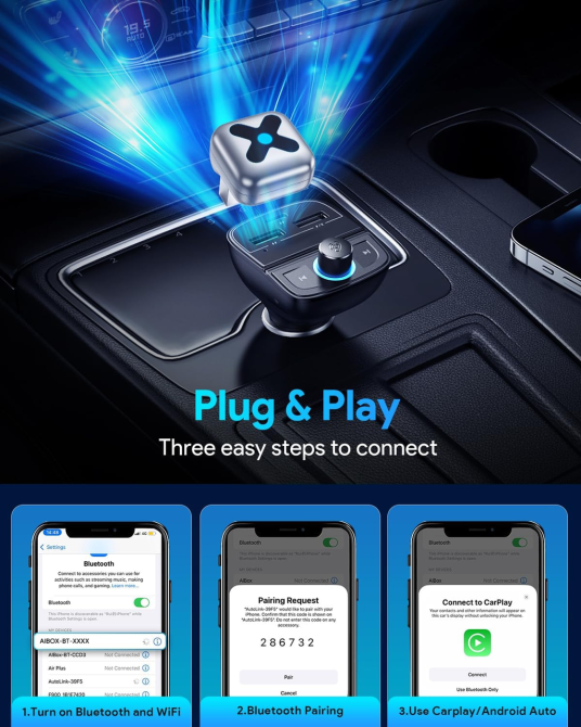 Бездротовий адаптер CarPlay та Android Auto 2в1 FAHREN: Wi-Fi 5.8GHz, Чіп A9, Алюмінієвий корпус, USB-A/C (Silver) Київ - фото 7