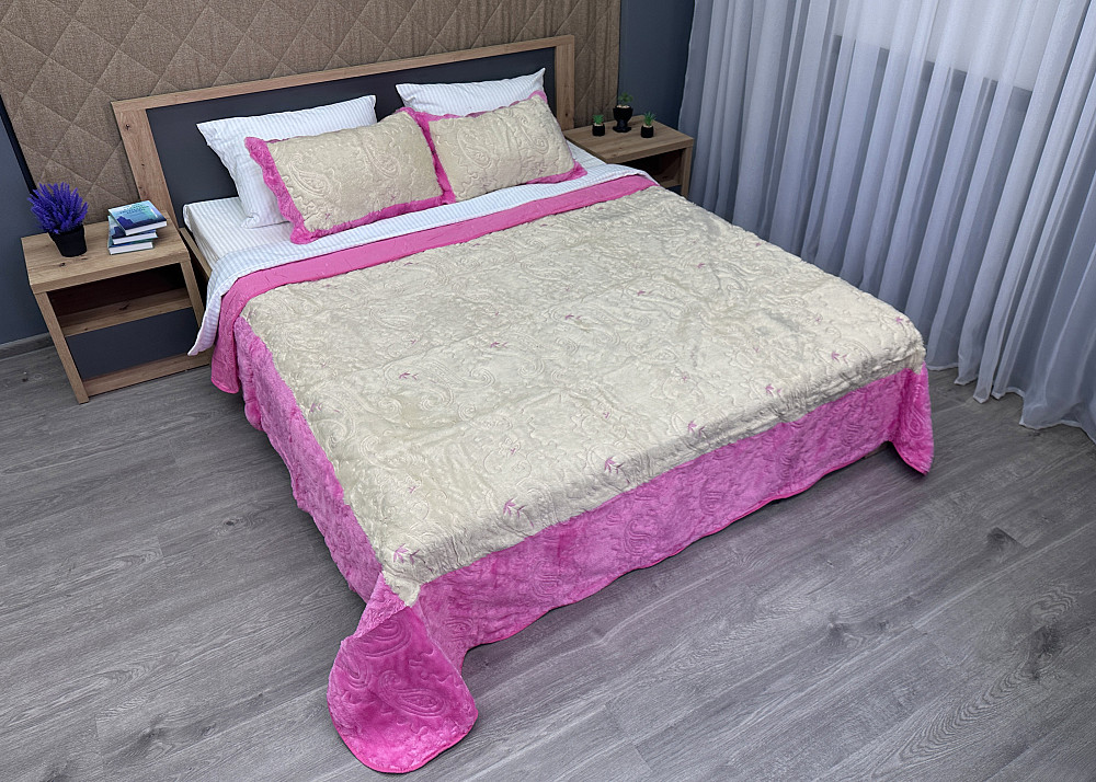 Покривало двостороннє з хутром 210x230 (+-10 см) і 2 наволочки колір рожевий з молочним (85-153) Київ - фото 2