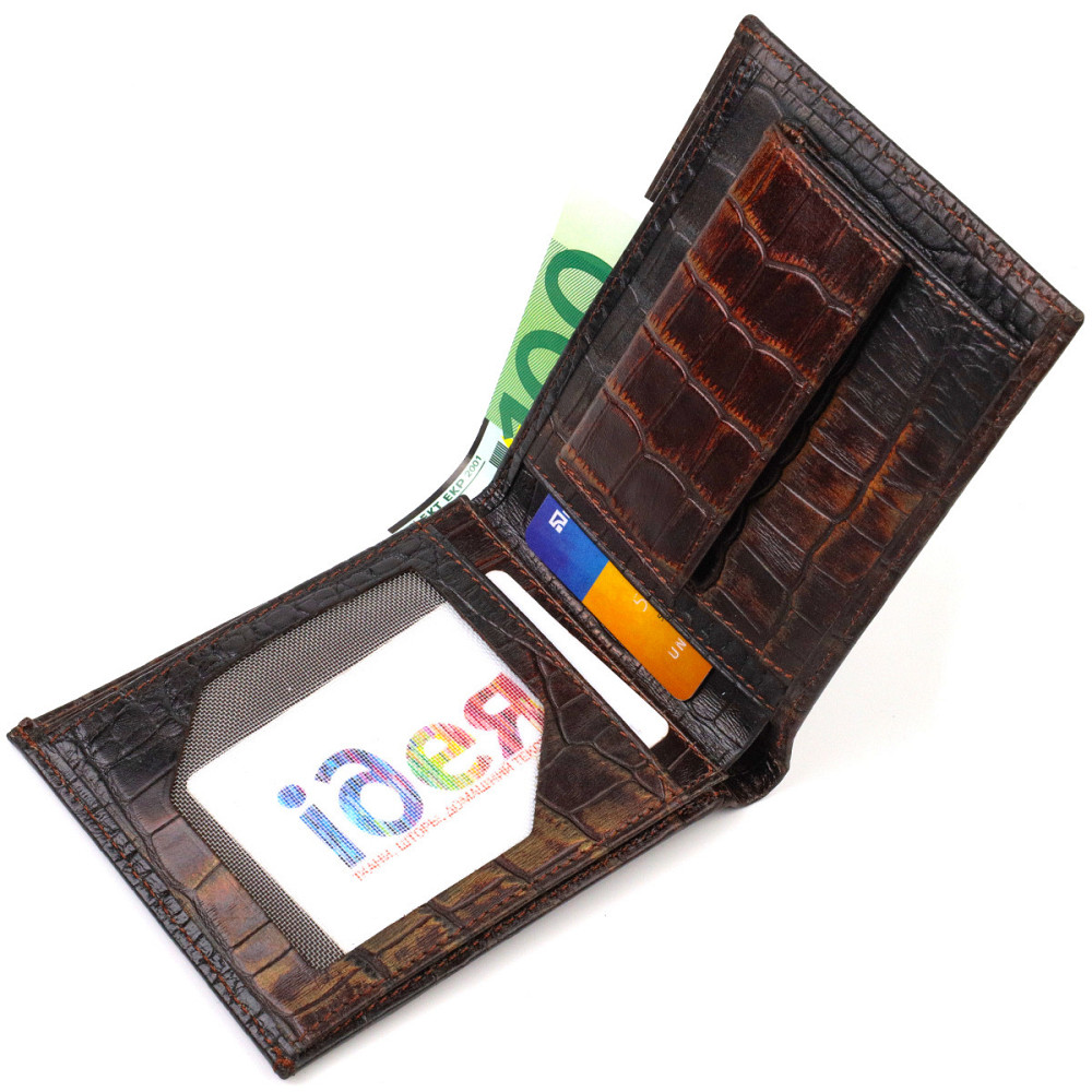 Фактурный мужской кошелек без застежки горизонтального формата из натуральной кожи с тиснением под крокодила Киев - изображение 5