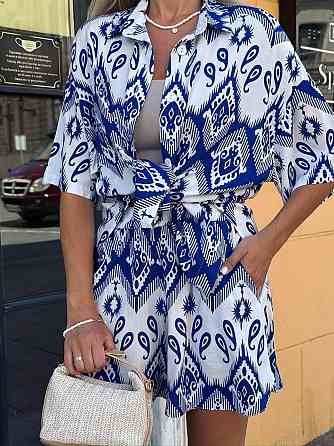 Жіночий легкий принтований костюм-двійка: сорочка та шорти турецький штапель. Синій 2, 48 Одеса