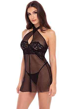 Напівпрозорий пеньюар Rene Rofe Midnight Halter Chemise Set з трусиками в комплекті, чорний, S/M Sex Aura Київ