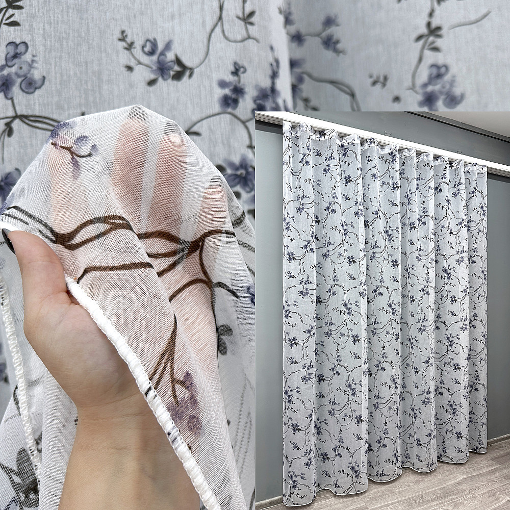 Тюль VR-Textil 1325т Flora Батист Білий с сине-черным принтом 300х265 см (42-1324) Киев - изображение 1