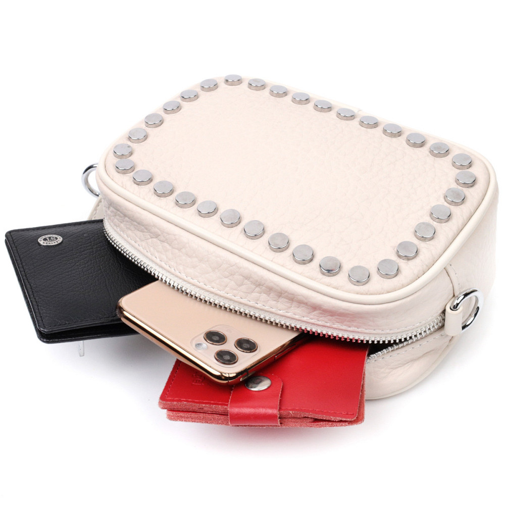 Кожаная сумка декорированная металлическими кнопками Vintage 22334 Белая Киев - изображение 7