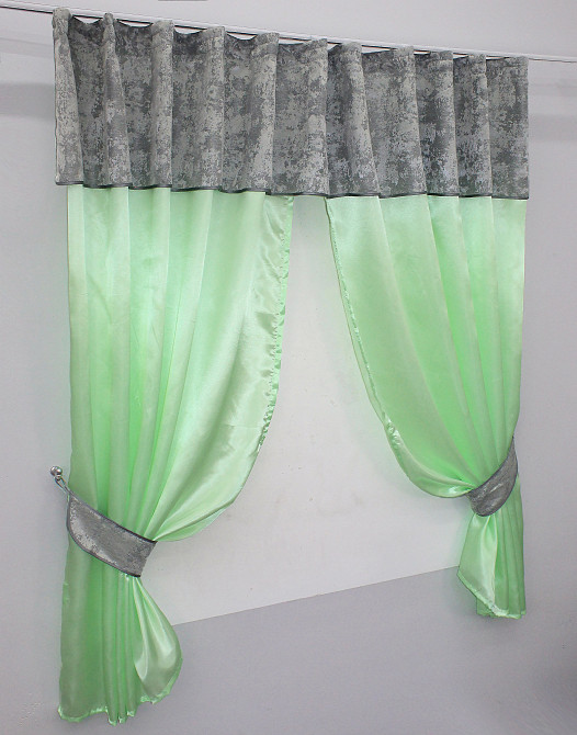 Кухонні штори VR-Textil № 073к з ламбрекеном і підхватами салатовий з сірим 270х170 см ( 52-0276) Київ - фото 2