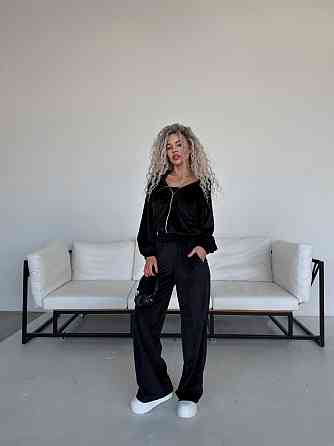 Жіночий велюровий костюм-трійка: кофта корсет і штани Чорний, 42/46 Одеса