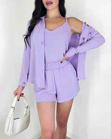 Жіночий легкий костюм-трійка: сорочка, майка та шорти креп жатка Фіолетовий, 42/44 Одеса