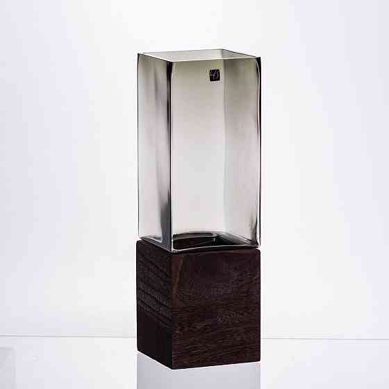 Скляна декоративна ваза квадратна, стильна ваза скло з деревом для квітів прозора HP-32-7 Київ