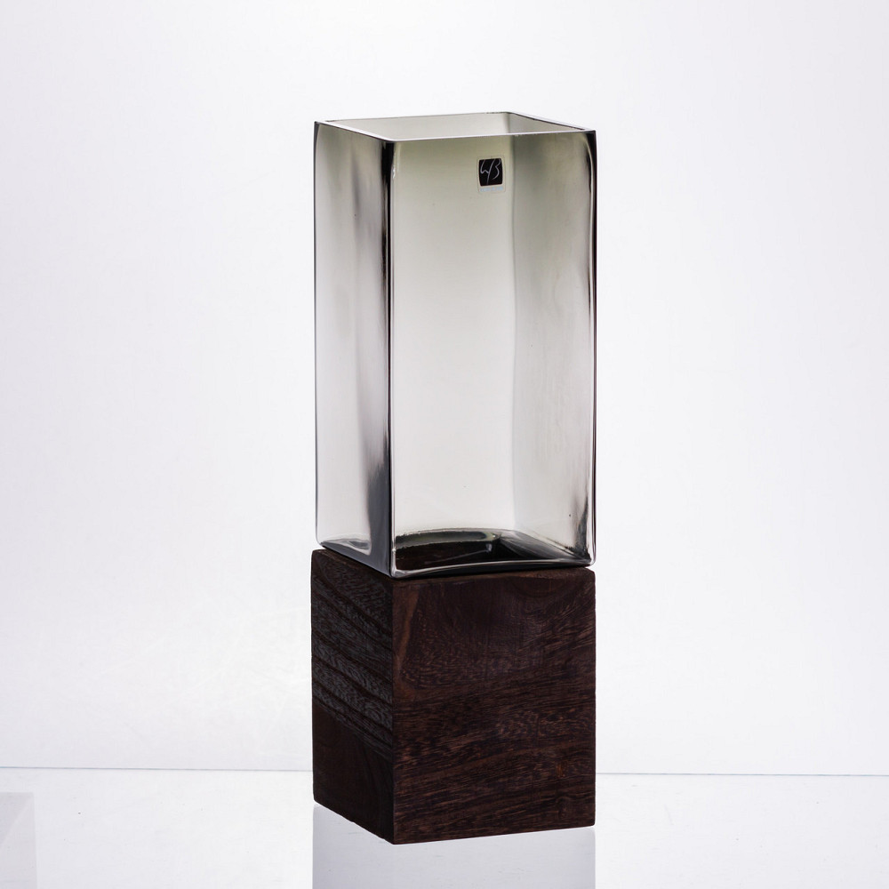 Скляна декоративна ваза квадратна, стильна ваза скло з деревом для квітів прозора HP-32-7 Київ - фото 1