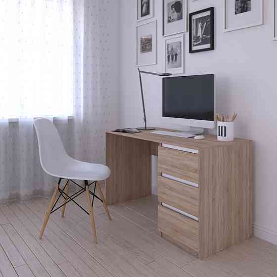 Компьютерный стол VAYS, письменный, современный, с тумбой cправа, 3 ящика з фасадами без ручек R-1 Дуб Сонома-Белые планки Львов