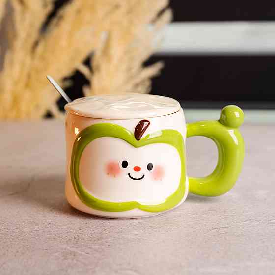 Чашка фарфоровая 400 (мл) с крышкой и ложкой,оригинальная кружка на подарок чашка для детей Зеленый FM-25A SBR Киев