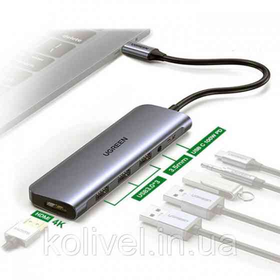 Док-станція USB3.0 Type-C --> USB 3.0x3/HDMI/jack 3.5mm/PD Ugreen CM136 Сіра (80132) Киев