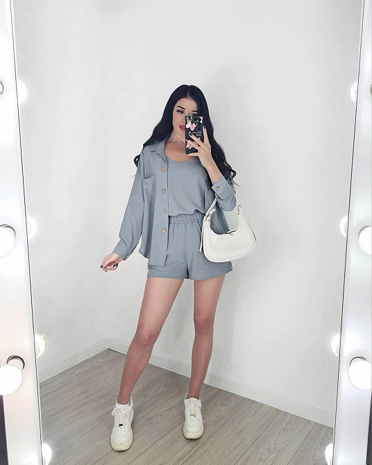 Жіночий легкий костюм-трійка: сорочка, майка та шорти креп жатка Сірий, 44/46 Одеса - фото 3