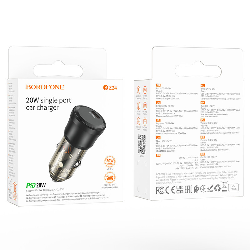 Автомобільний зарядний пристрій BOROFONE BZ24 Clever single port PD20W car charger Transparent Black Київ - фото 6