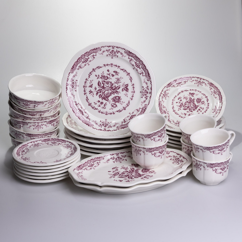 Столовий набір посуду тарілок і чашок 32 предмети на 6 персон «Бордовий Меандр» порцеляновий YY78-3A Коломия - фото 1